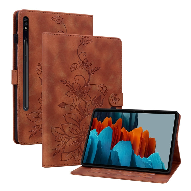 For Samsung Galaxy Tab S7 / S8 Lily Embossed Leather Tablet Case(Brown) by buy2fix