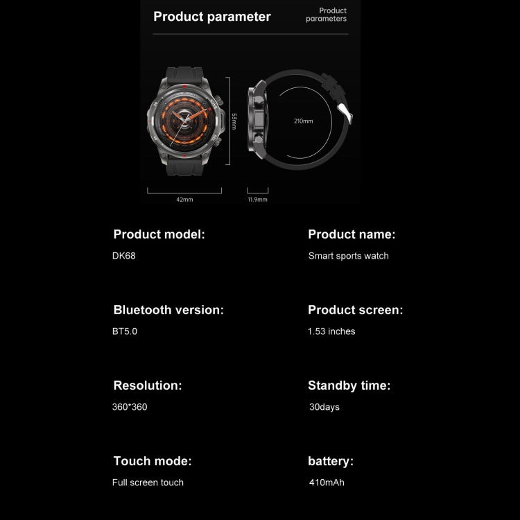 DK68 1.53 inch IP67 BT 5.0 Fitness Sport Smart Watch, Support LED Flashlight / Bluetooth Call / Sleep / Blood Oxygen / Heart Rate / Blood Pressure Health Monitor(Black) by buy2fix