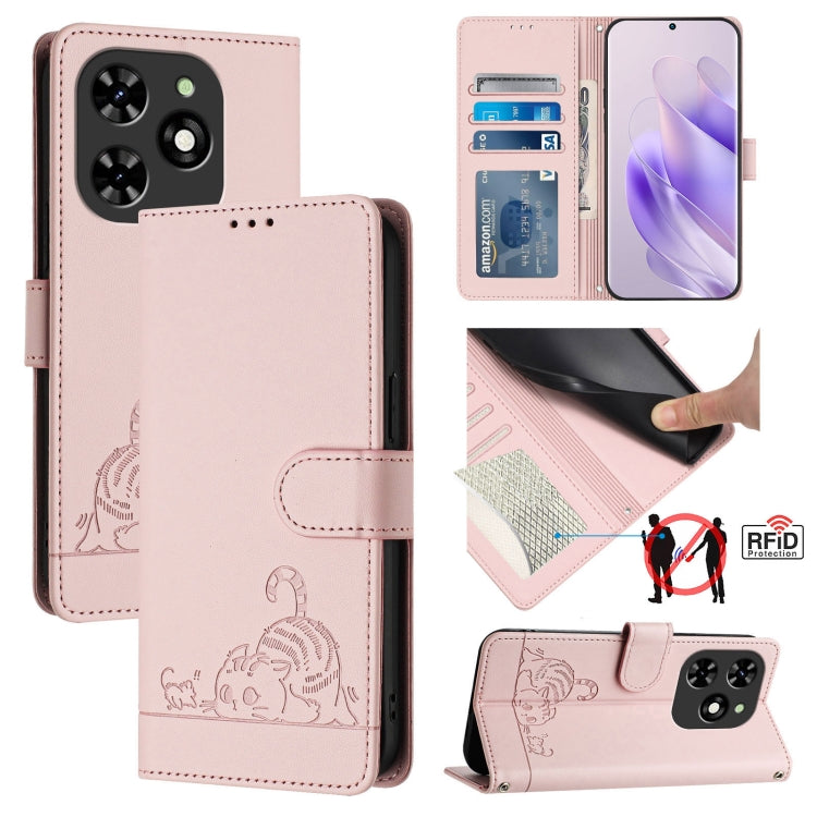 For Tecno Spark GO 2024 Cat Rat Embossed Pattern RFID Leather Phone Case with Lanyard(Pink) by buy2fix