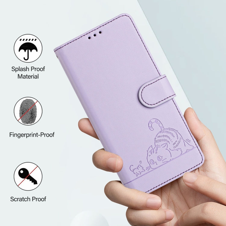 For Tecno Spark GO 2024 Cat Rat Embossed Pattern RFID Leather Phone Case with Lanyard(Purple) by buy2fix