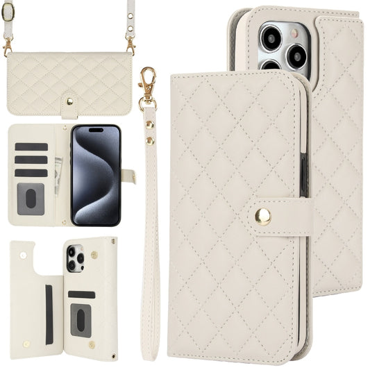 For iPhone 15 Pro Max Crossbody Multifunction Rhombic Leather Phone Case(White) - iPhone 15 Pro Max Cases by buy2fix | Online Shopping UK | buy2fix