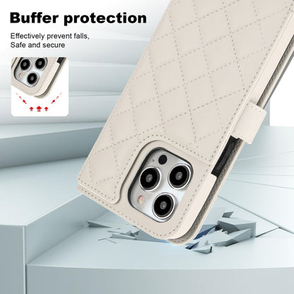 For iPhone 15 Pro Max Crossbody Multifunction Rhombic Leather Phone Case(White) - iPhone 15 Pro Max Cases by buy2fix | Online Shopping UK | buy2fix
