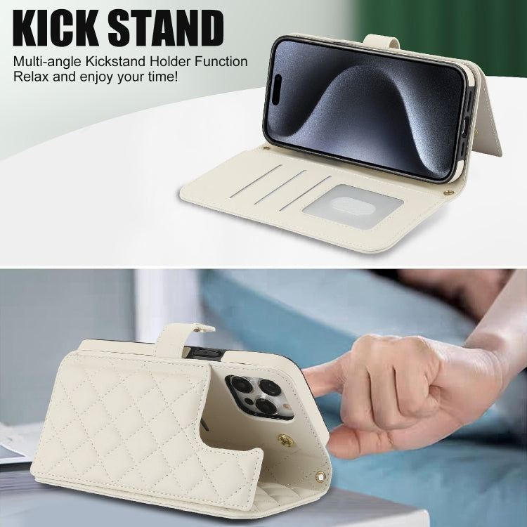 For iPhone 15 Pro Max Crossbody Multifunction Rhombic Leather Phone Case(White) - iPhone 15 Pro Max Cases by buy2fix | Online Shopping UK | buy2fix