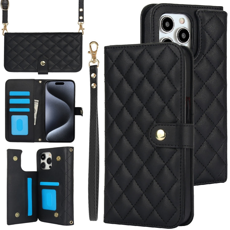 For iPhone 15 Pro Max Crossbody Multifunction Rhombic Leather Phone Case(Black) - iPhone 15 Pro Max Cases by buy2fix | Online Shopping UK | buy2fix