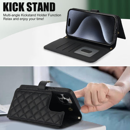 For iPhone 15 Pro Max Crossbody Multifunction Rhombic Leather Phone Case(Black) - iPhone 15 Pro Max Cases by buy2fix | Online Shopping UK | buy2fix
