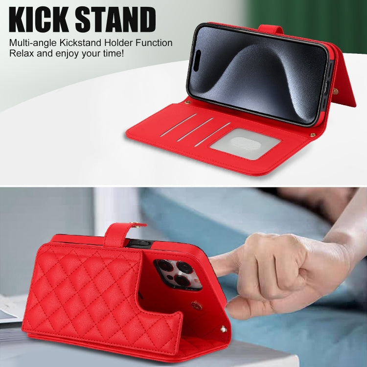 For iPhone 15 Pro Max Crossbody Multifunction Rhombic Leather Phone Case(Red) - iPhone 15 Pro Max Cases by buy2fix | Online Shopping UK | buy2fix