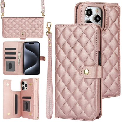 For iPhone 15 Pro Max Crossbody Multifunction Rhombic Leather Phone Case(Rose Gold) - iPhone 15 Pro Max Cases by buy2fix | Online Shopping UK | buy2fix