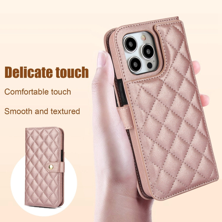 For iPhone 15 Pro Max Crossbody Multifunction Rhombic Leather Phone Case(Rose Gold) - iPhone 15 Pro Max Cases by buy2fix | Online Shopping UK | buy2fix