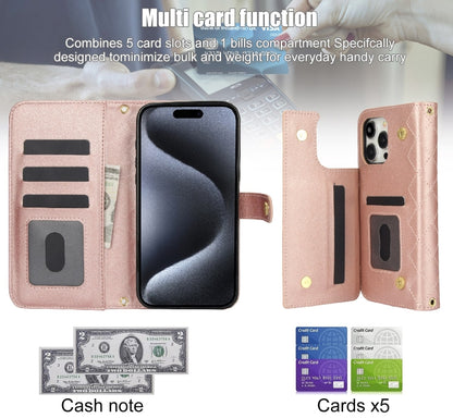 For iPhone 15 Pro Max Crossbody Multifunction Rhombic Leather Phone Case(Rose Gold) - iPhone 15 Pro Max Cases by buy2fix | Online Shopping UK | buy2fix