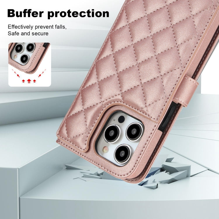 For iPhone 15 Pro Max Crossbody Multifunction Rhombic Leather Phone Case(Rose Gold) - iPhone 15 Pro Max Cases by buy2fix | Online Shopping UK | buy2fix