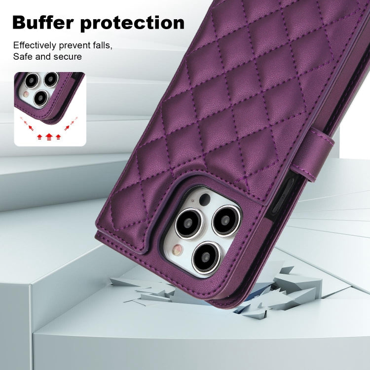 For iPhone 15 Pro Max Crossbody Multifunction Rhombic Leather Phone Case(Dark Purple) - iPhone 15 Pro Max Cases by buy2fix | Online Shopping UK | buy2fix