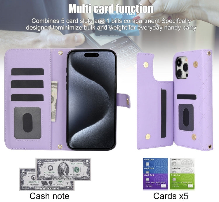 For iPhone 15 Pro Max Crossbody Multifunction Rhombic Leather Phone Case(Purple) - iPhone 15 Pro Max Cases by buy2fix | Online Shopping UK | buy2fix