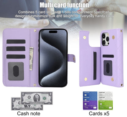 For iPhone 15 Pro Max Crossbody Multifunction Rhombic Leather Phone Case(Purple) - iPhone 15 Pro Max Cases by buy2fix | Online Shopping UK | buy2fix