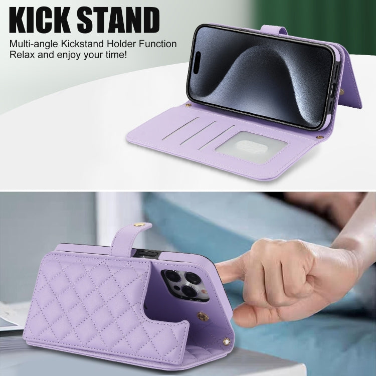 For iPhone 15 Pro Max Crossbody Multifunction Rhombic Leather Phone Case(Purple) - iPhone 15 Pro Max Cases by buy2fix | Online Shopping UK | buy2fix