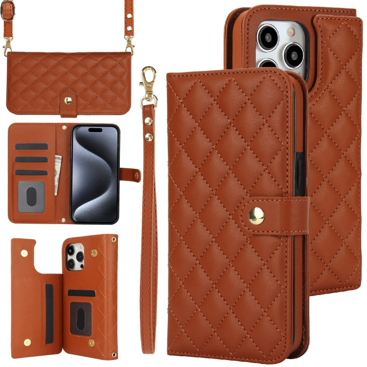 For iPhone 15 Pro Max Crossbody Multifunction Rhombic Leather Phone Case(Brown) - iPhone 15 Pro Max Cases by buy2fix | Online Shopping UK | buy2fix