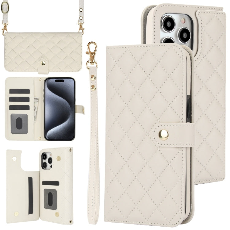 For iPhone 15 Pro Crossbody Multifunction Rhombic Leather Phone Case(White) - iPhone 15 Pro Cases by buy2fix | Online Shopping UK | buy2fix