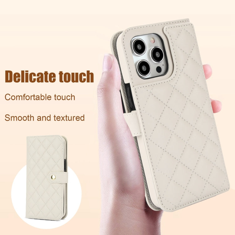 For iPhone 15 Pro Crossbody Multifunction Rhombic Leather Phone Case(White) - iPhone 15 Pro Cases by buy2fix | Online Shopping UK | buy2fix