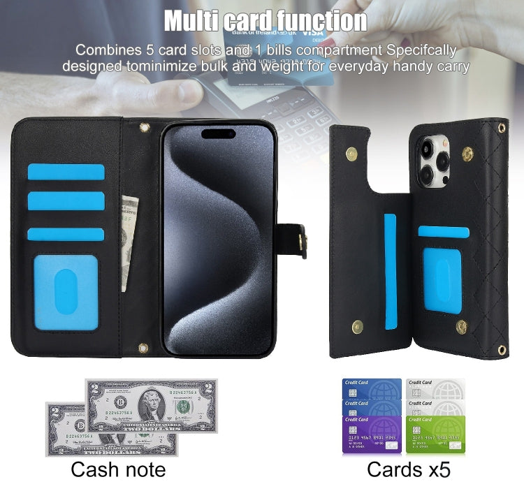 For iPhone 15 Pro Crossbody Multifunction Rhombic Leather Phone Case(Black) - iPhone 15 Pro Cases by buy2fix | Online Shopping UK | buy2fix