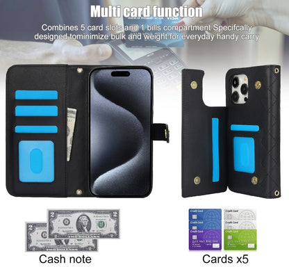 For iPhone 15 Pro Crossbody Multifunction Rhombic Leather Phone Case(Black) - iPhone 15 Pro Cases by buy2fix | Online Shopping UK | buy2fix