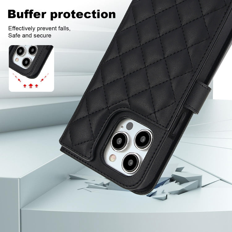 For iPhone 15 Pro Crossbody Multifunction Rhombic Leather Phone Case(Black) - iPhone 15 Pro Cases by buy2fix | Online Shopping UK | buy2fix
