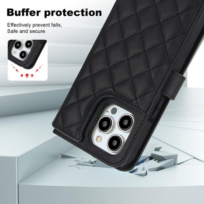 For iPhone 15 Pro Crossbody Multifunction Rhombic Leather Phone Case(Black) - iPhone 15 Pro Cases by buy2fix | Online Shopping UK | buy2fix