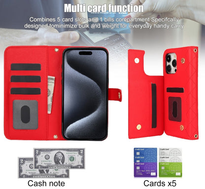 For iPhone 15 Pro Crossbody Multifunction Rhombic Leather Phone Case(Red) - iPhone 15 Pro Cases by buy2fix | Online Shopping UK | buy2fix