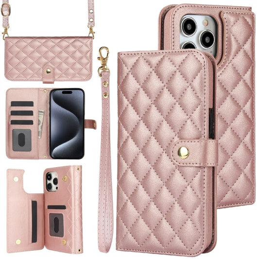 For iPhone 15 Pro Crossbody Multifunction Rhombic Leather Phone Case(Rose Gold) - iPhone 15 Pro Cases by buy2fix | Online Shopping UK | buy2fix