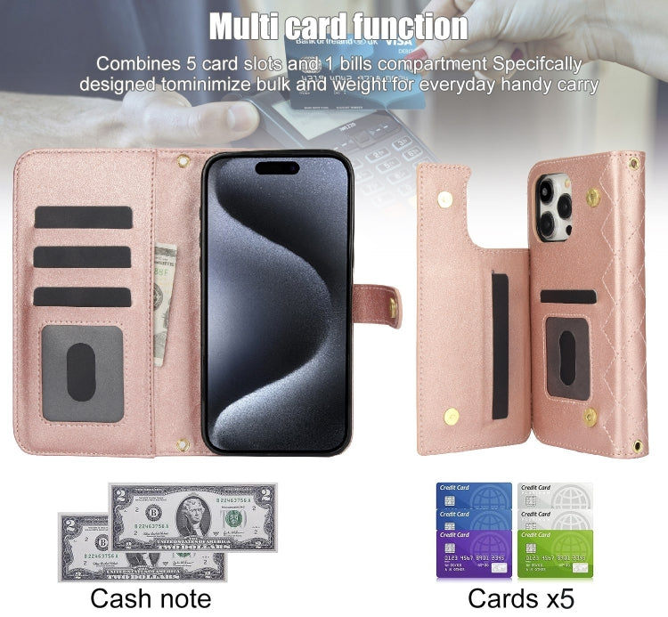 For iPhone 15 Pro Crossbody Multifunction Rhombic Leather Phone Case(Rose Gold) - iPhone 15 Pro Cases by buy2fix | Online Shopping UK | buy2fix