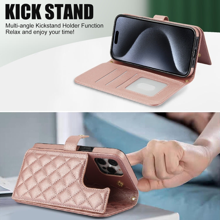 For iPhone 15 Pro Crossbody Multifunction Rhombic Leather Phone Case(Rose Gold) - iPhone 15 Pro Cases by buy2fix | Online Shopping UK | buy2fix