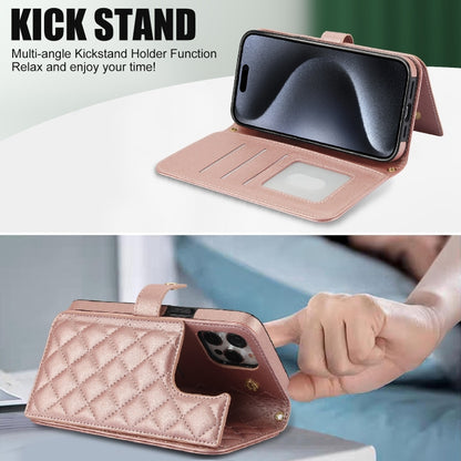 For iPhone 15 Pro Crossbody Multifunction Rhombic Leather Phone Case(Rose Gold) - iPhone 15 Pro Cases by buy2fix | Online Shopping UK | buy2fix