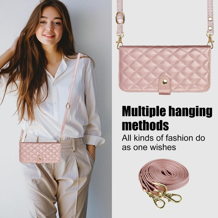 For iPhone 15 Pro Crossbody Multifunction Rhombic Leather Phone Case(Rose Gold) - iPhone 15 Pro Cases by buy2fix | Online Shopping UK | buy2fix