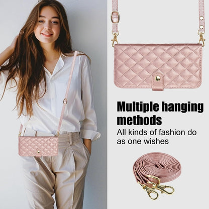 For iPhone 15 Pro Crossbody Multifunction Rhombic Leather Phone Case(Rose Gold) - iPhone 15 Pro Cases by buy2fix | Online Shopping UK | buy2fix