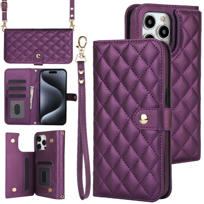 For iPhone 15 Pro Crossbody Multifunction Rhombic Leather Phone Case(Dark Purple) - iPhone 15 Pro Cases by buy2fix | Online Shopping UK | buy2fix
