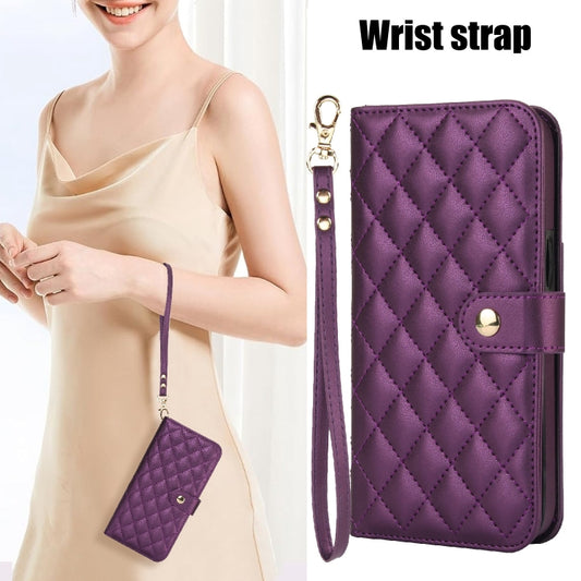 For iPhone 15 Pro Crossbody Multifunction Rhombic Leather Phone Case(Dark Purple) - iPhone 15 Pro Cases by buy2fix | Online Shopping UK | buy2fix