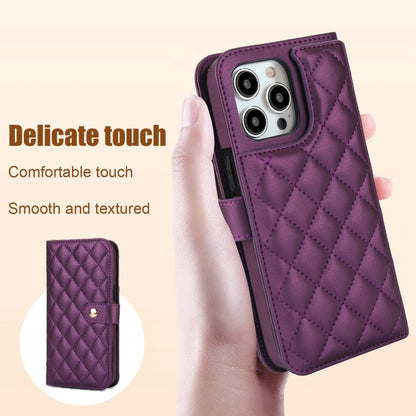 For iPhone 15 Pro Crossbody Multifunction Rhombic Leather Phone Case(Dark Purple) - iPhone 15 Pro Cases by buy2fix | Online Shopping UK | buy2fix