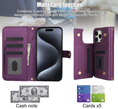 For iPhone 15 Pro Crossbody Multifunction Rhombic Leather Phone Case(Dark Purple) - iPhone 15 Pro Cases by buy2fix | Online Shopping UK | buy2fix