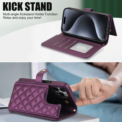 For iPhone 15 Pro Crossbody Multifunction Rhombic Leather Phone Case(Dark Purple) - iPhone 15 Pro Cases by buy2fix | Online Shopping UK | buy2fix