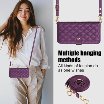 For iPhone 15 Pro Crossbody Multifunction Rhombic Leather Phone Case(Dark Purple) - iPhone 15 Pro Cases by buy2fix | Online Shopping UK | buy2fix