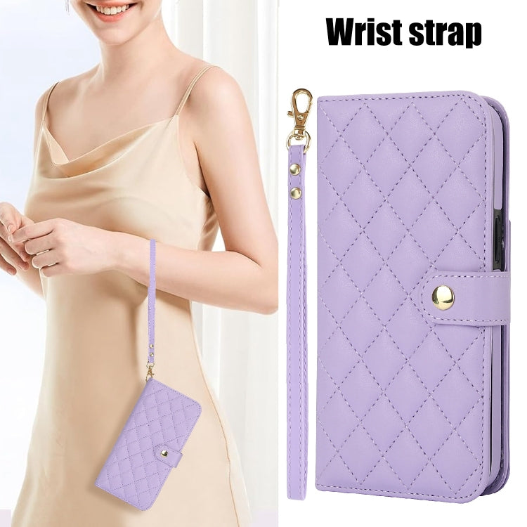 For iPhone 15 Pro Crossbody Multifunction Rhombic Leather Phone Case(Purple) - iPhone 15 Pro Cases by buy2fix | Online Shopping UK | buy2fix