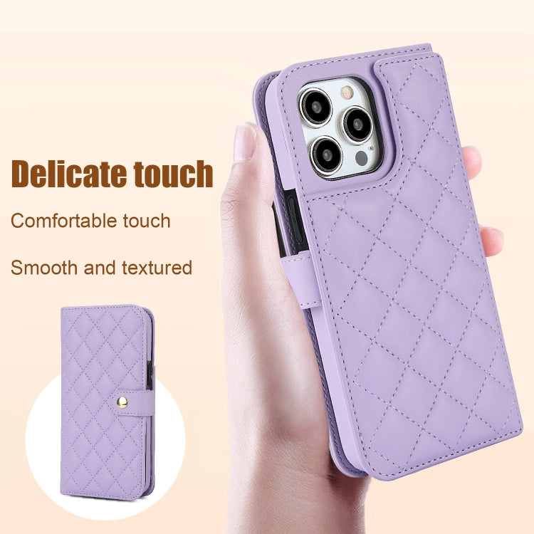 For iPhone 15 Pro Crossbody Multifunction Rhombic Leather Phone Case(Purple) - iPhone 15 Pro Cases by buy2fix | Online Shopping UK | buy2fix