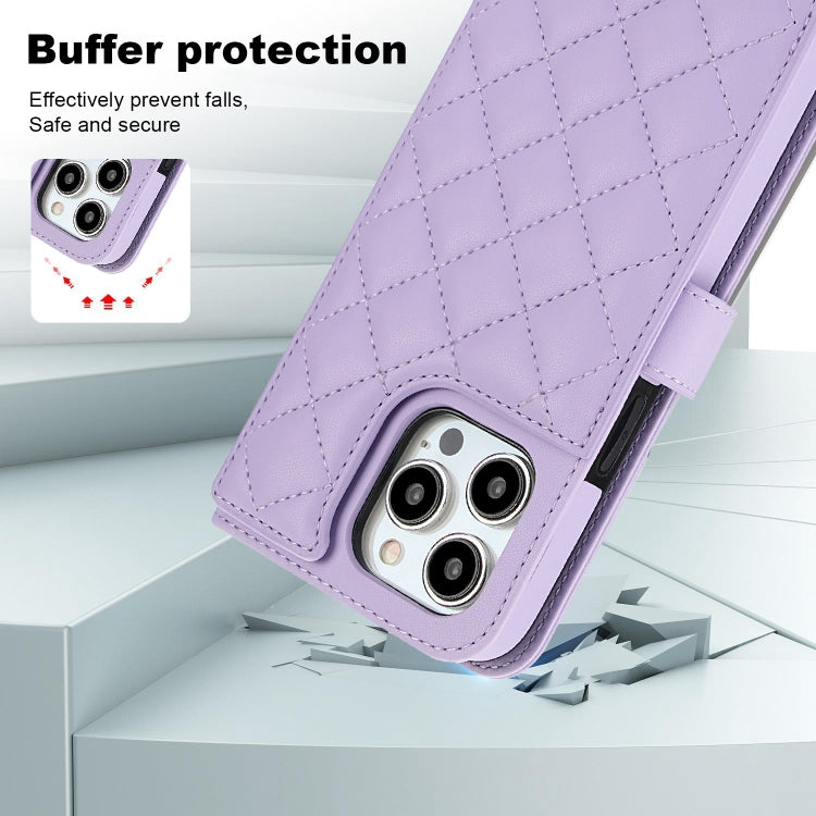 For iPhone 15 Pro Crossbody Multifunction Rhombic Leather Phone Case(Purple) - iPhone 15 Pro Cases by buy2fix | Online Shopping UK | buy2fix