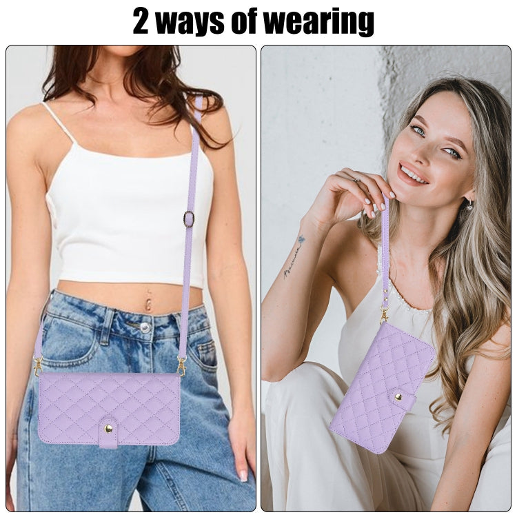 For iPhone 15 Pro Crossbody Multifunction Rhombic Leather Phone Case(Purple) - iPhone 15 Pro Cases by buy2fix | Online Shopping UK | buy2fix