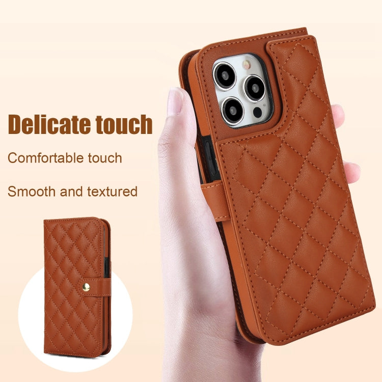 For iPhone 15 Pro Crossbody Multifunction Rhombic Leather Phone Case(Brown) - iPhone 15 Pro Cases by buy2fix | Online Shopping UK | buy2fix