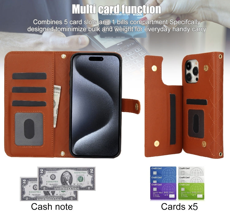 For iPhone 15 Pro Crossbody Multifunction Rhombic Leather Phone Case(Brown) - iPhone 15 Pro Cases by buy2fix | Online Shopping UK | buy2fix