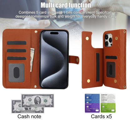 For iPhone 15 Pro Crossbody Multifunction Rhombic Leather Phone Case(Brown) - iPhone 15 Pro Cases by buy2fix | Online Shopping UK | buy2fix