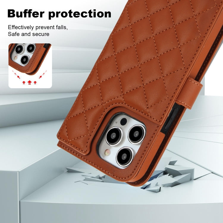 For iPhone 15 Pro Crossbody Multifunction Rhombic Leather Phone Case(Brown) - iPhone 15 Pro Cases by buy2fix | Online Shopping UK | buy2fix