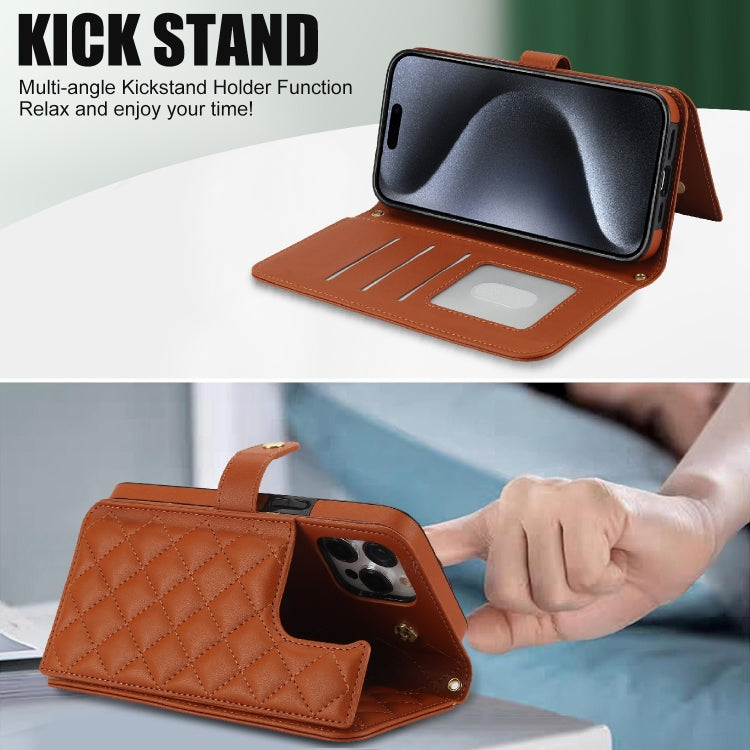 For iPhone 15 Pro Crossbody Multifunction Rhombic Leather Phone Case(Brown) - iPhone 15 Pro Cases by buy2fix | Online Shopping UK | buy2fix