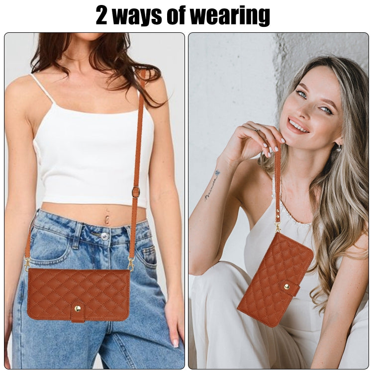 For iPhone 15 Pro Crossbody Multifunction Rhombic Leather Phone Case(Brown) - iPhone 15 Pro Cases by buy2fix | Online Shopping UK | buy2fix