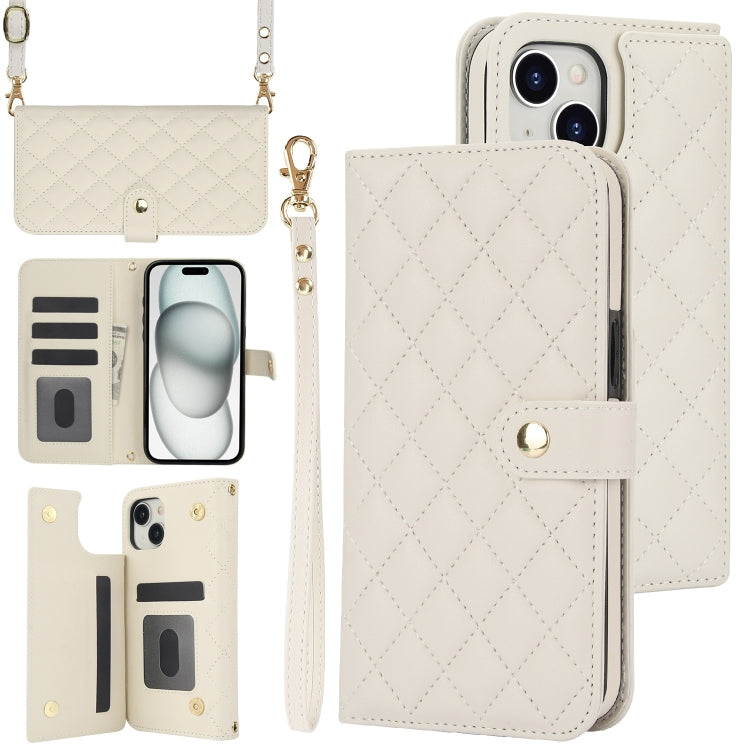 For iPhone 15 Crossbody Multifunction Rhombic Leather Phone Case(White) - iPhone 15 Cases by buy2fix | Online Shopping UK | buy2fix