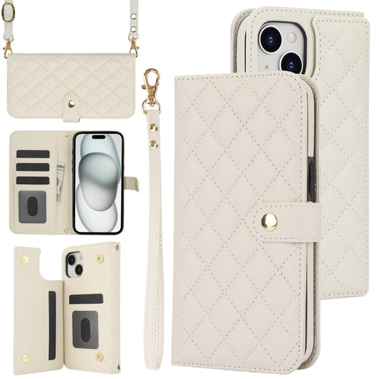 For iPhone 15 Crossbody Multifunction Rhombic Leather Phone Case(White) - iPhone 15 Cases by buy2fix | Online Shopping UK | buy2fix